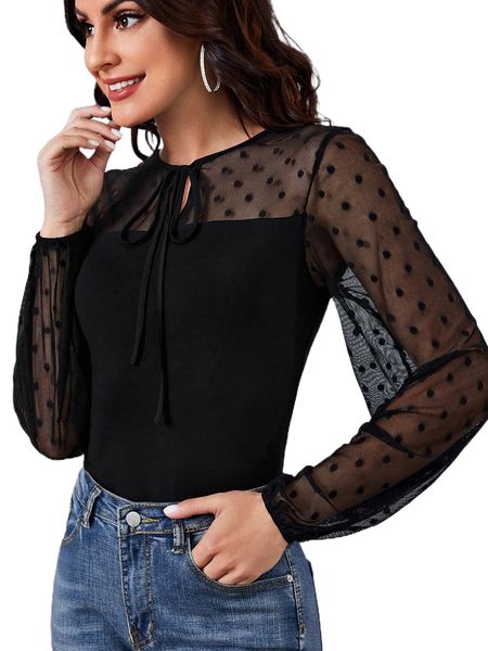 

contrast dobby mesh bishop sleeve tie neck g17i#, White