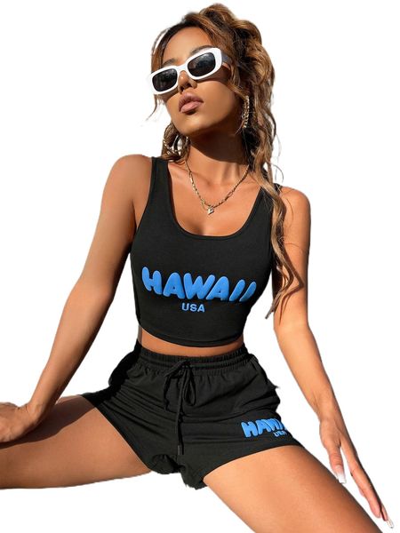 

l.etter graphic tank & tie waist s.horts set v0zc#, White