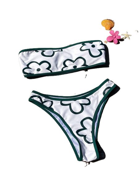 

floral print contrast binding bandeau bikini swimsuit f1vz#, White;black
