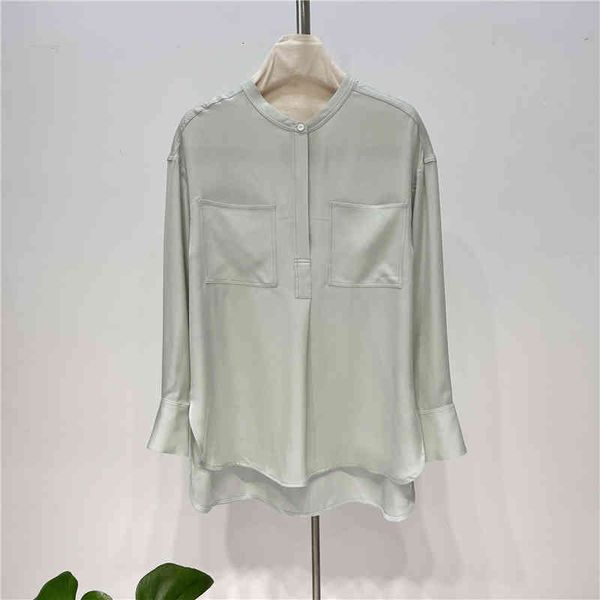 

women's polos spring and summer pole end half open neck silkworm silk long sleeve irregular double pocket shirt blouse female, White