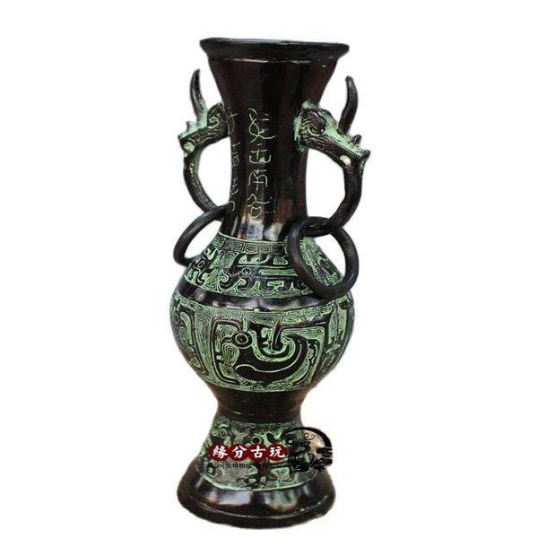 

chinese old bronze double ear dragon bronze vase, Black