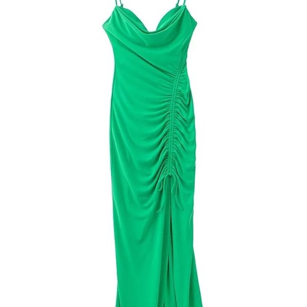 Abito slip verde donna senza maniche abiti lunghi drappeggiati donne abiti da festa senza schienale fece un elegante abito da cocktail 220507