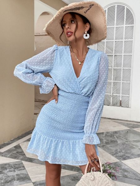 

swiss dot shirred flounce sleeve ruffle hem chiffon dress p88k#, Black;gray