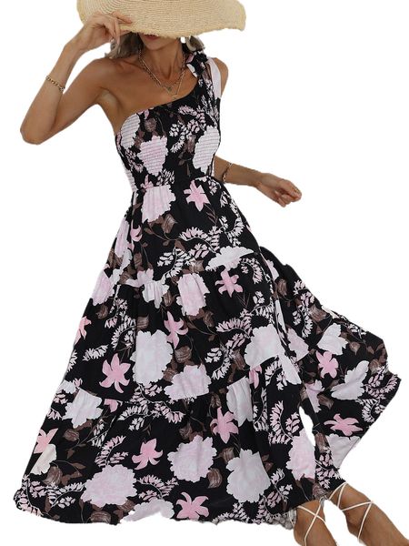 

floral print one shoulder shirred ruffle hem dress 81sc#, Black;gray