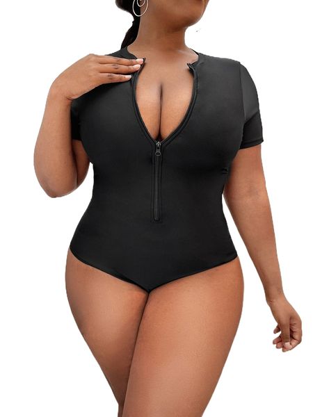 

plus zip front one piece swimsuit 62je#, White;black