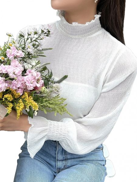 

dazy 1pc shirred flounce sleeve frill neck tee d96p#, White