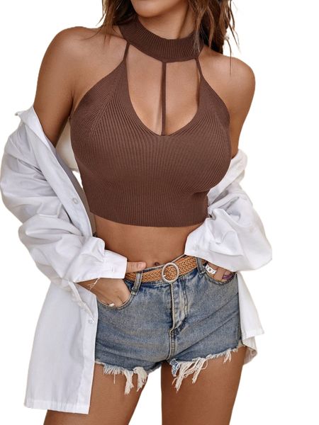 

cut out crop halter knit p8zk#, White;black