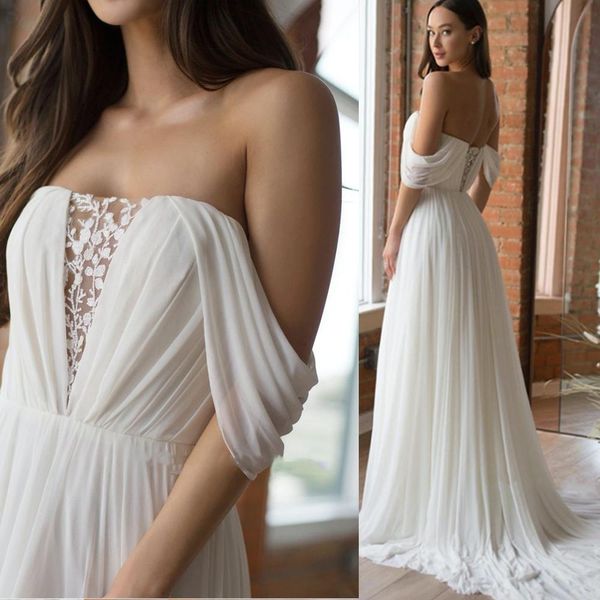 Abiti da sposa da spiaggia con spalle scoperte chiffon di pizzo 2022 Abiti da sposa bohémien per vacanze estive fata greca grazia