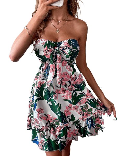 

floral print knot front ruffle hem tube dress t2rb#, Black;gray