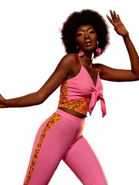 

x spagnelli graphic print tie front cami & flare leg pants set 69bm#, White