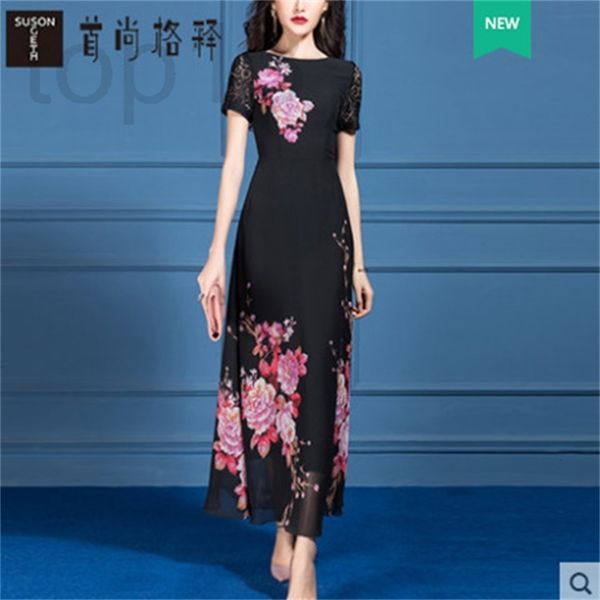 

casual dresses designer black chiffon dress women's 2021 new summer harvest waist thin and elegant temperament printed long large skirt, Black;gray