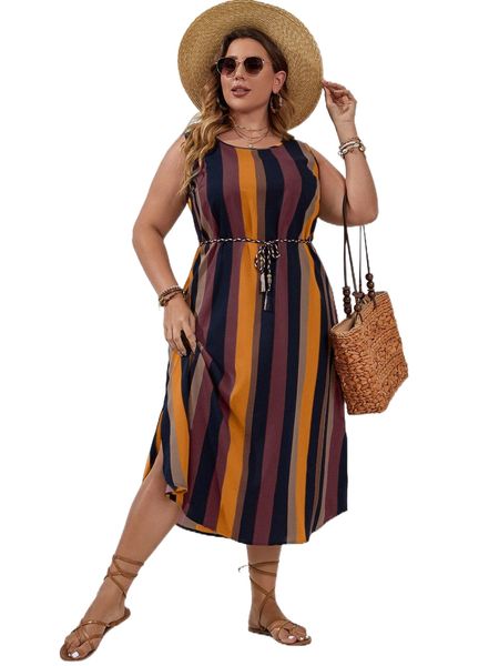 

plus colorful striped split side belted dress a2ru#, Black