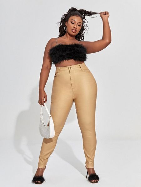 

plus curvy high waist leather look skinny jeans j6dc#, Blue