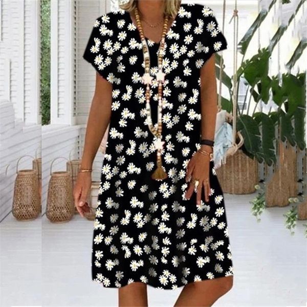 

new women summer dress fashion flower print vneck loose big swing casual beach style large ladies plus size dress t200603, White;black