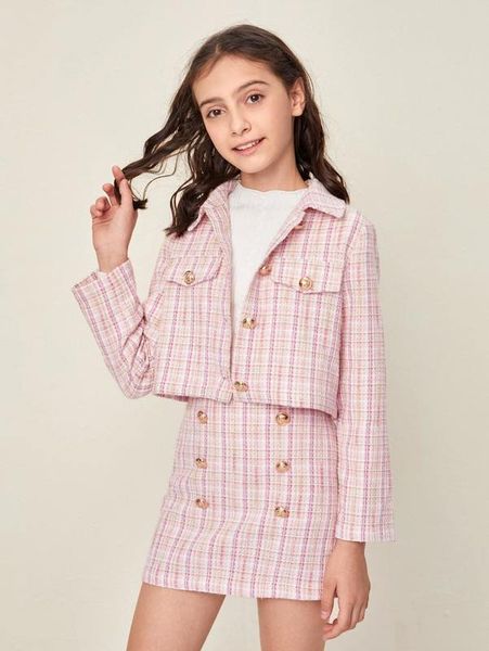 

girls gold button detail tweed jacket & skirt set she, White