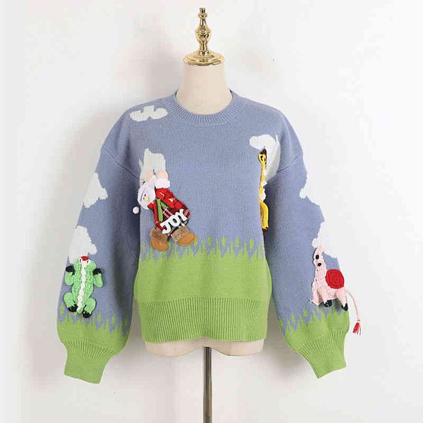 

women's sweaters round neck thick sweater autumn winter hand hook giraffe cartoon pattern decorative loose knit 8xe5, White;black