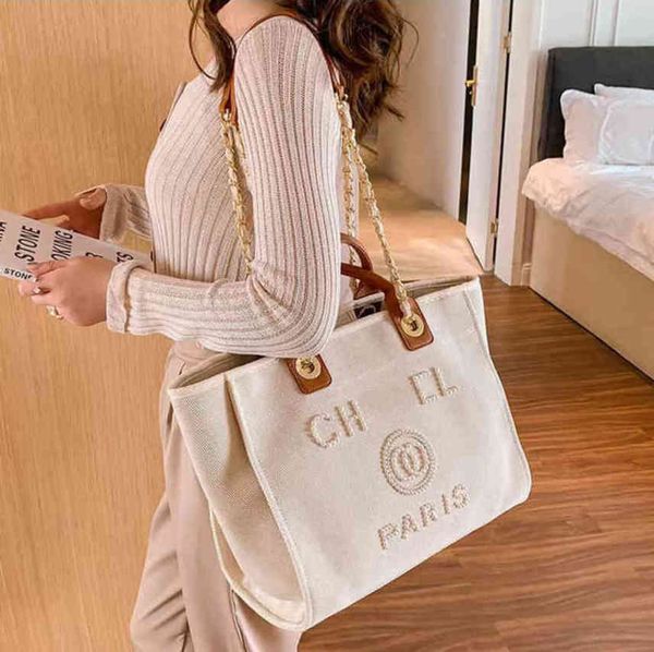 

luxury classic fashion beach bags tote label pearl evening bag portable large capacity female designer canvas handbag brand ch women handbag