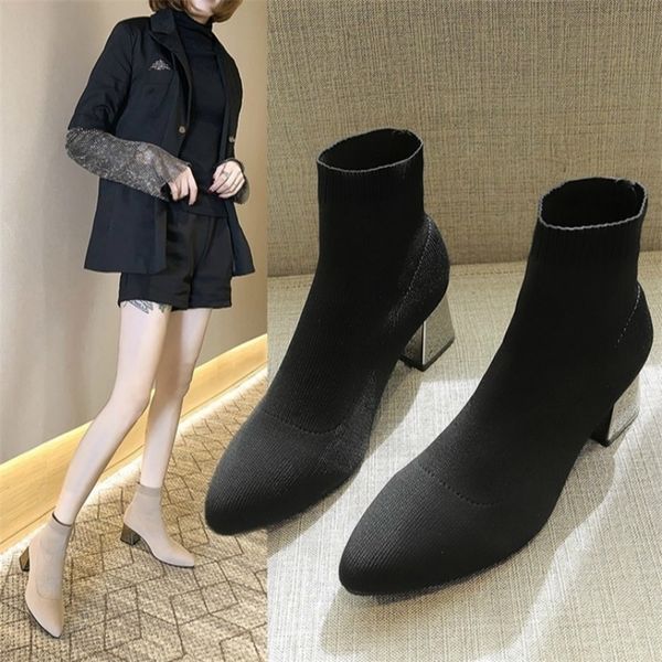 

new women shoes martin boots high heel stretch fabric ankle boots for women fashion pointed sock shoes zapatos de mujer 201105, Black