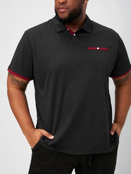 

men contrast trim decor pocket polo shirt 51ad#, White;black