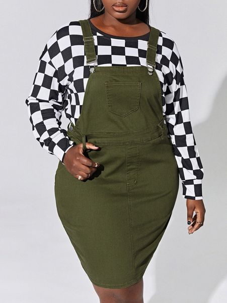 

plus pocket patched overall denim dress without h4go#, Black