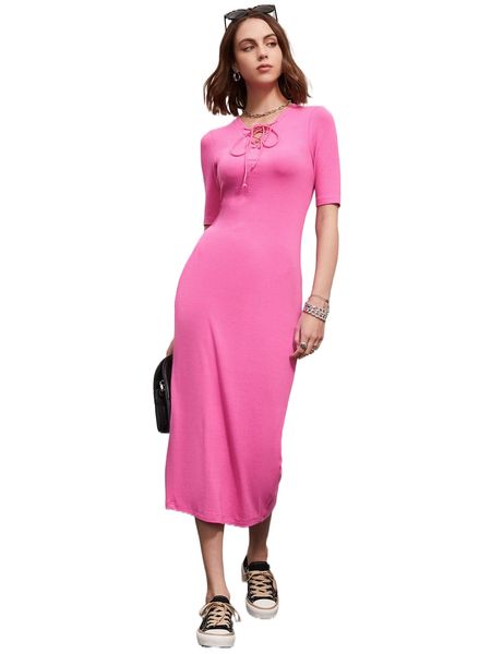 

lace up front split hem dress n2ea#, Black;gray