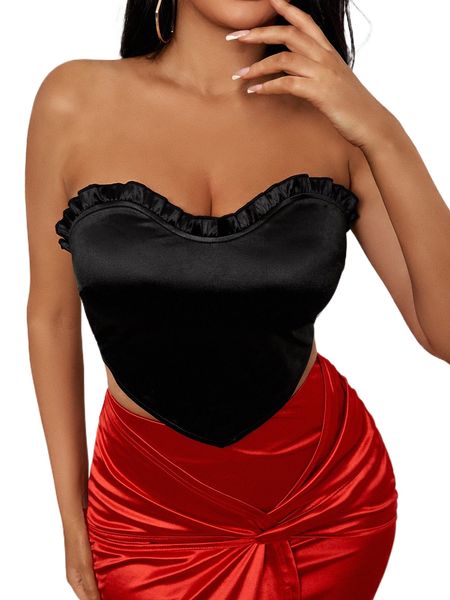 

frill trim tie backless asymmetrical hem satin tube 03py#, White