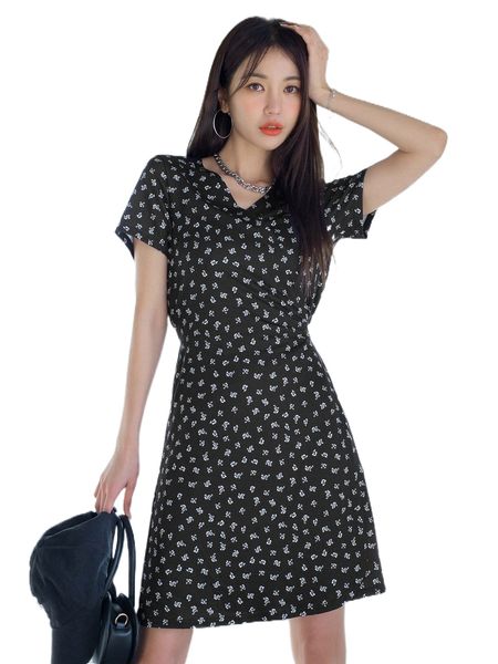 

dazy ditsy floral tie back dress c5g5#, Black;gray