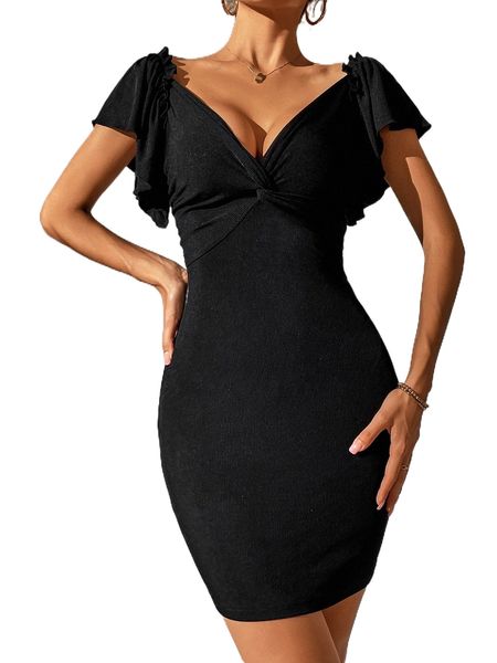

twist front butterfly sleeve bodycon dress q6em#, Black;gray