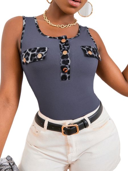 

sxy leopard print button front rib-knit tank a0g4#, White