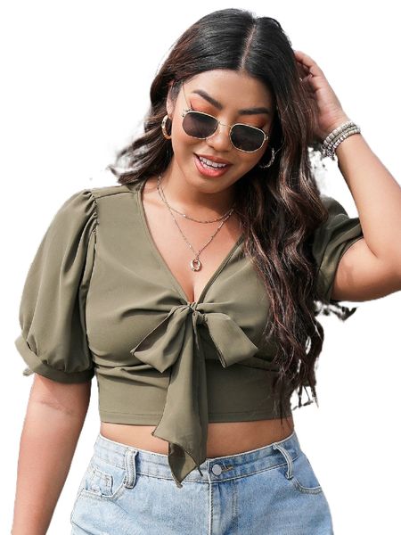 

plus puff sleeve knot front crop blouse i5ra#, Black