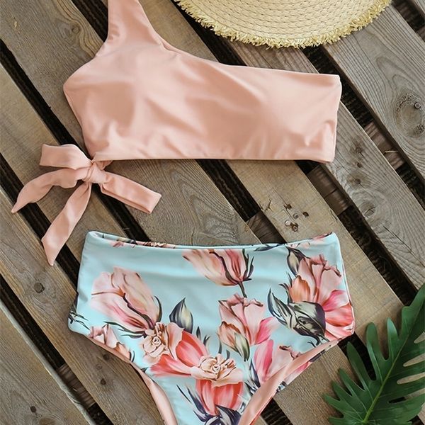 

bikini one shoulder swimwear high waist swimsuit bandage bathing suits beach wear biquini female 220427, White;black