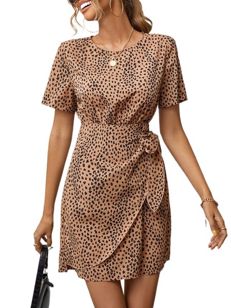 

allover print knot side wrap hem dress 19xm#, Black;gray