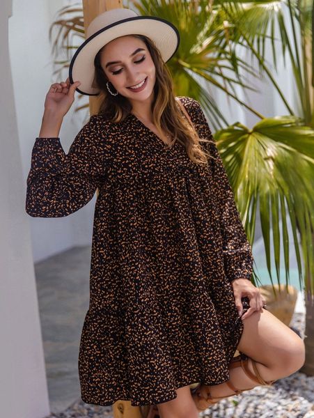 

v-neck allover print smock dress n5zb#, Black;gray