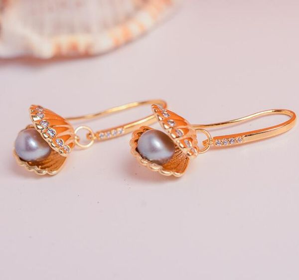 

14k gold plated shell crystal ear hook dangle & chandelier natural freshwater pearl earrings white lady/girl wedding fashion jewelry, Silver