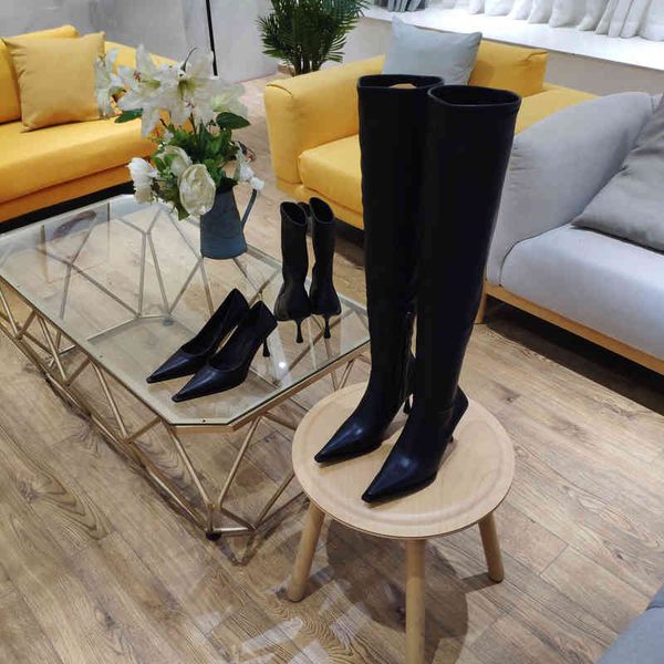 

high boots women's leather heels winter shoes pointy series, Black