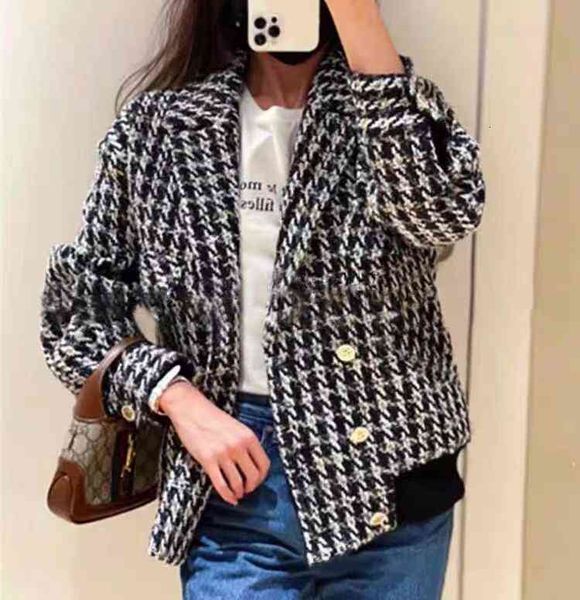 

women's jackets fadan s family's 21 autumn and winter small fragrance thousand bird grid tweed double breasted flip pocket jacket, Black;brown