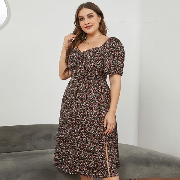 

2022 new plus size dress french designer dresses waist slit long floral dress summer fashion casual women's clothing, Black;gray