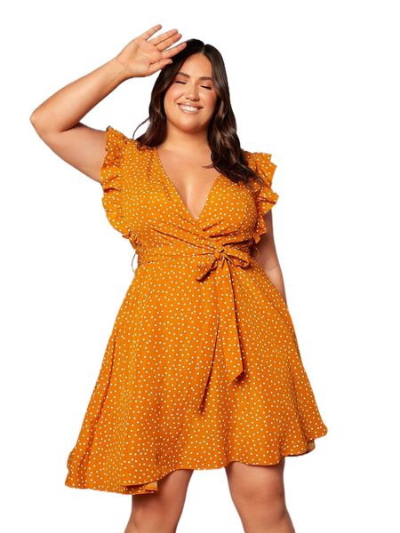 

plus polka dot ruffle trim belted dress 88ki#, Black