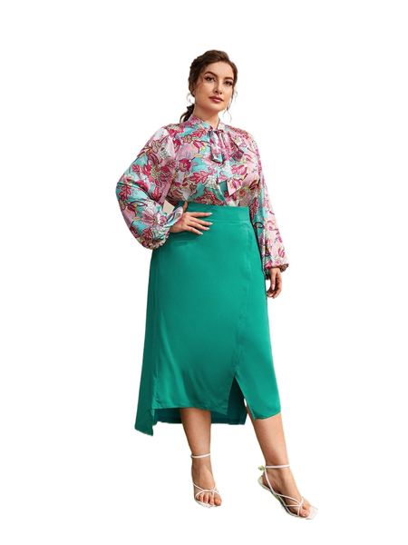 

plus tie neck floral and asymmetrical hem skirt s03a#, Black