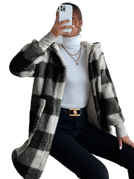 

buffalo plaid pattern hooded teddy coat u9xb#, Black