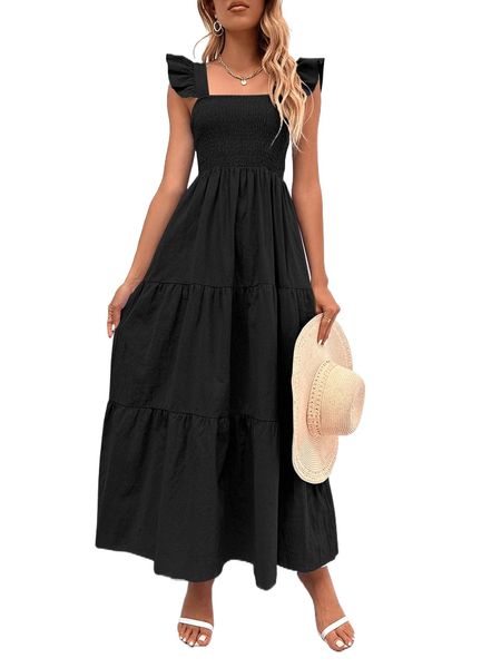 

shirred bodice ruffle hem dress d02s#, Black;gray