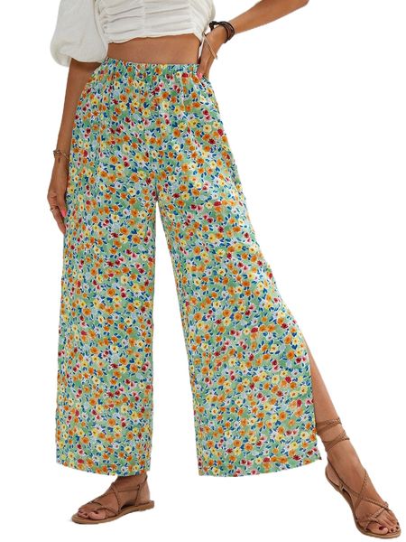 

allover floral print slit hem wide leg pants d8ku#, Black;white