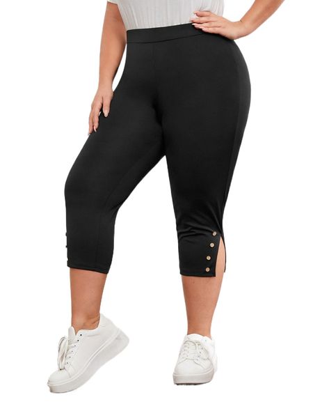 

emery rose plus fake buttons split side capris leggings 47mo#, Black