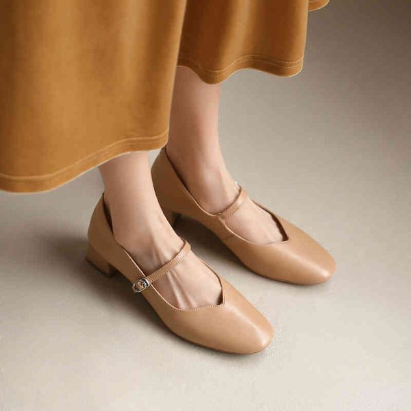 

sandals one line buckle mary jane shoes women's thick heels spring and summer cowhide soft leather single middle heel apricot dlx5, Black