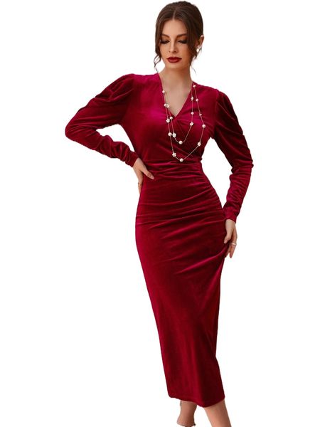 

overlap collar puff sleeve velvet dress p7j6#, Black;gray