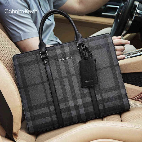 

classic lattice men's handbag leather men's bag messenger shoulder bag business simple computer bag 220718