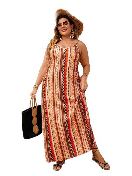 

plus geo & striped print cami dress y3sy#, Black