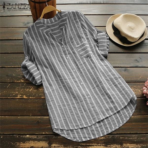 

2019 women's autumn cotton linen blouse female 34 sleeve shirt striped work blusa casual ladies v neck vestdios t200321, White