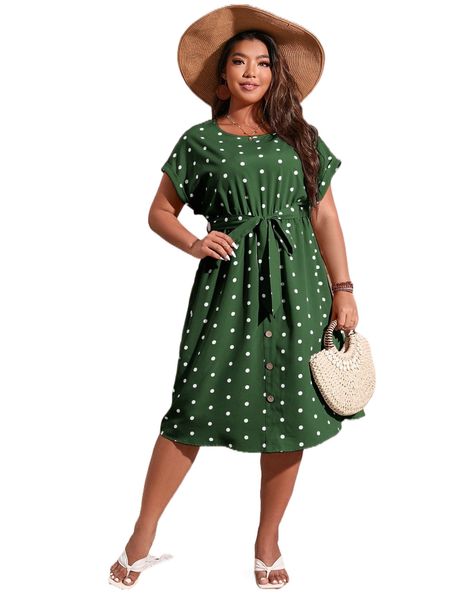 

plus polka dot batwing sleeve belted dress x0ej#, Black