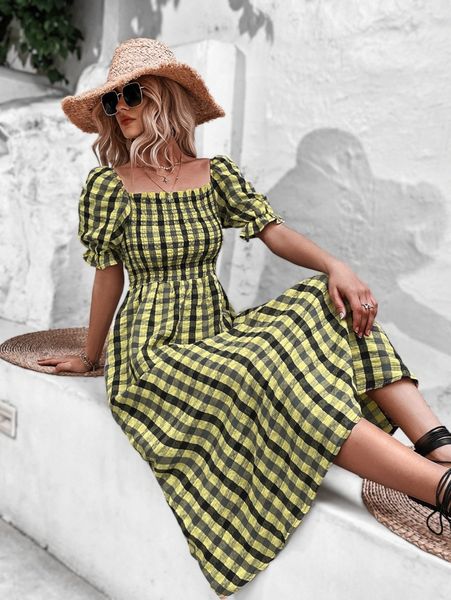 

square neck shirred bodice gingham dress o9ok#, Black;gray